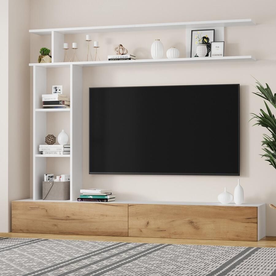 Sweiko TV-meubel set Met vitrinekast Wandplanken 180*35*150 cm Wit + Natuurlijke