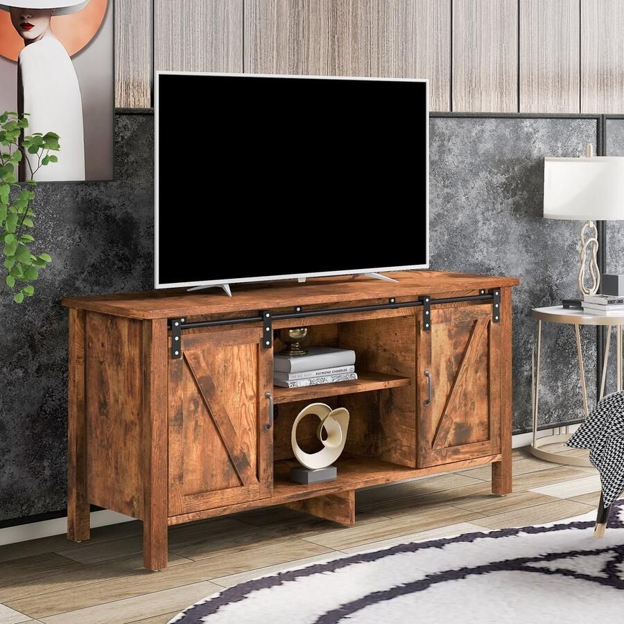Sweiko TV standaard Sideboard Keukenkast Opslagkast Zijkast met 2-schuifdeuren Verstelbare plank Open plankenvakken Woonkamer Eetkamer Hal Industrieel design Vintage bruin