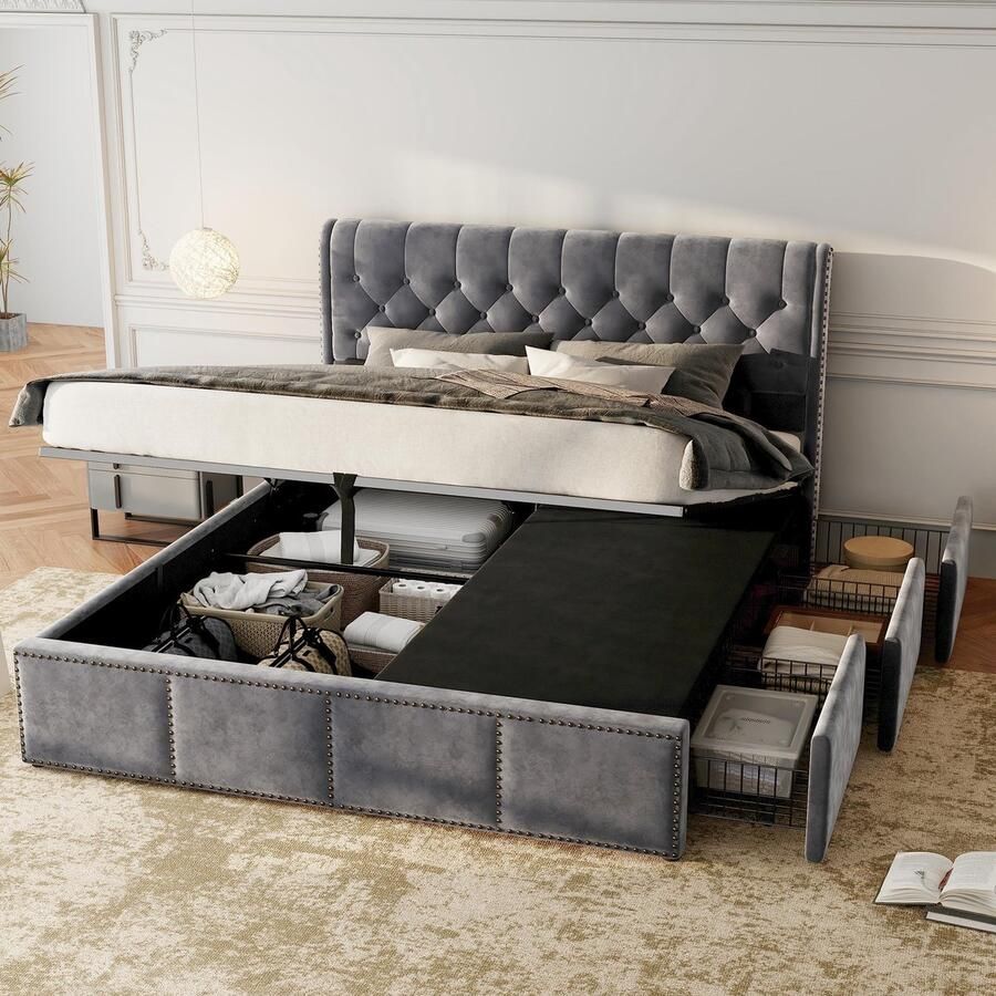 Sweiko Tweepersoons gestoffeerd bed 140x190 cm 3 laden hydraulische opbergruimte zonder matras Velvet grijs