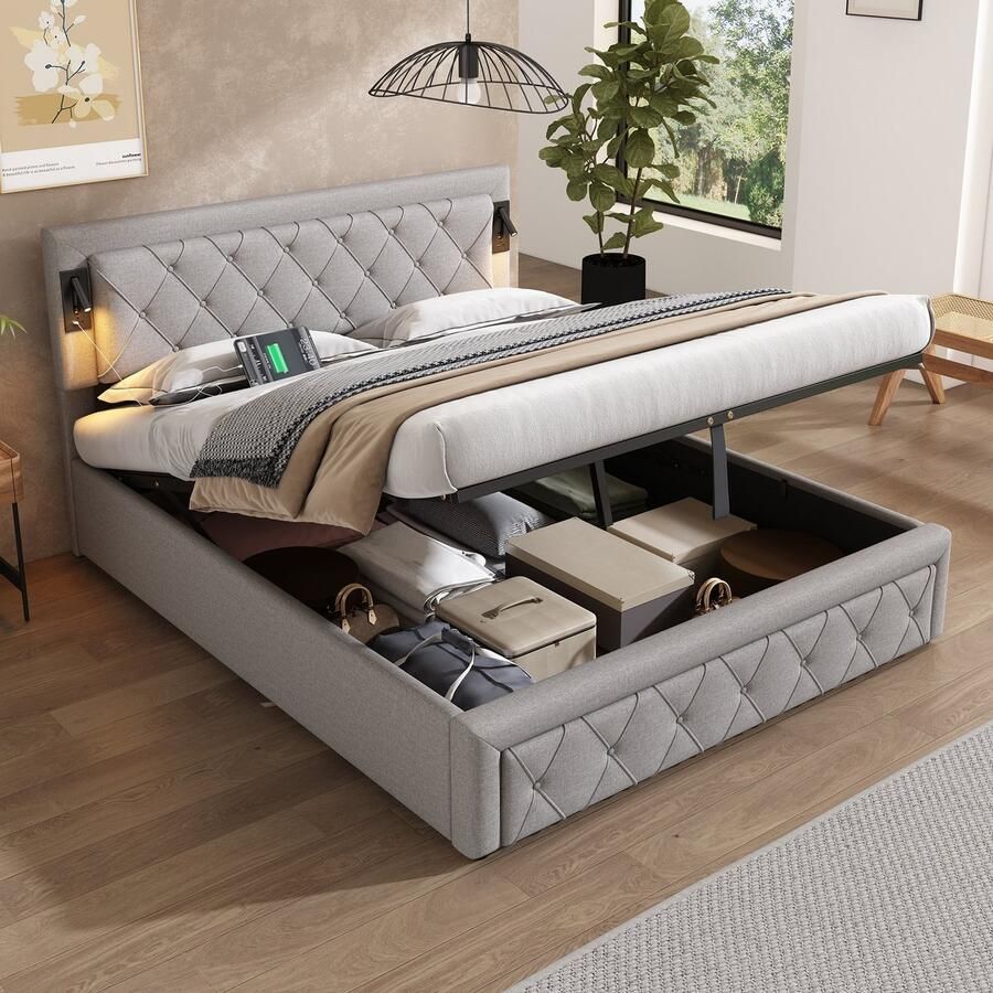 Sweiko Tweepersoons gestoffeerd bed 160*200cm met nachtlampje en USB-poort hydraulisch opbergbed houten lattenbodem linnen grijs