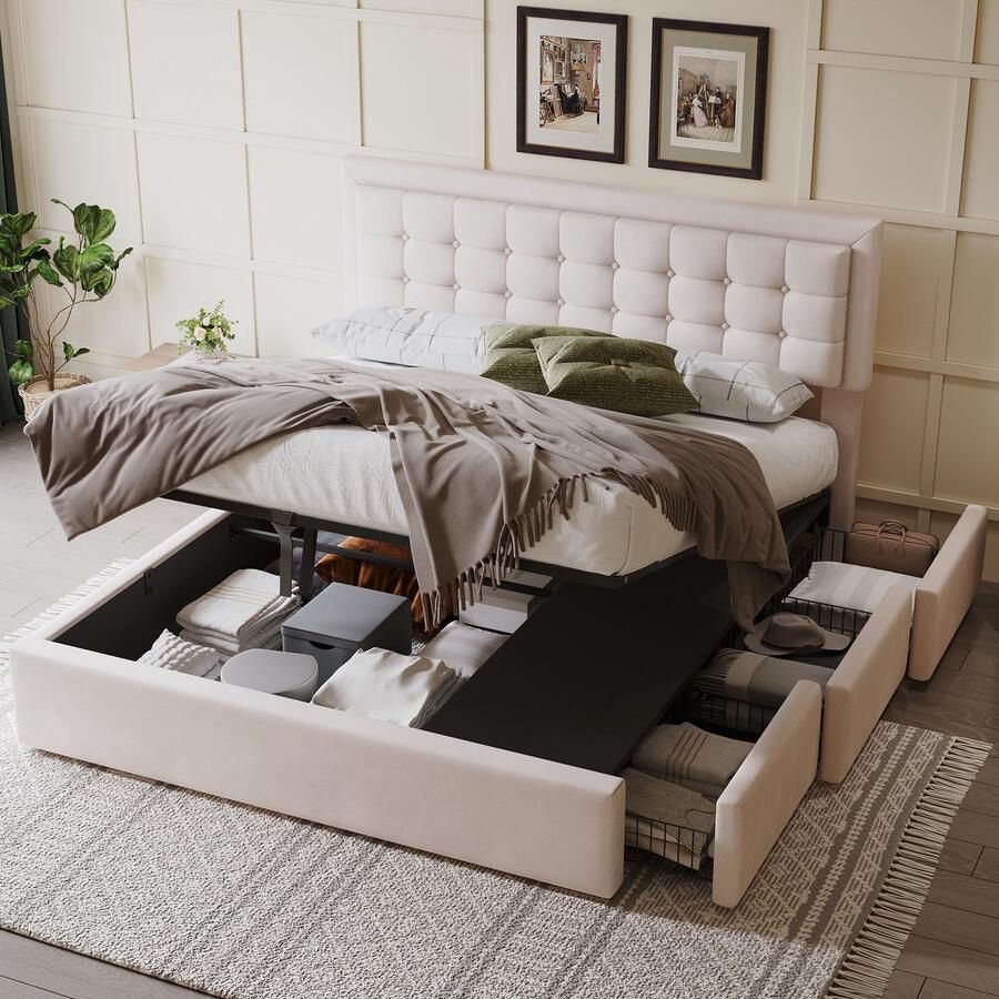 Sweiko Tweepersoons gestoffeerd bed 160x200 cm 3 laden hydraulische opbergruimte zonder matras linnen beige