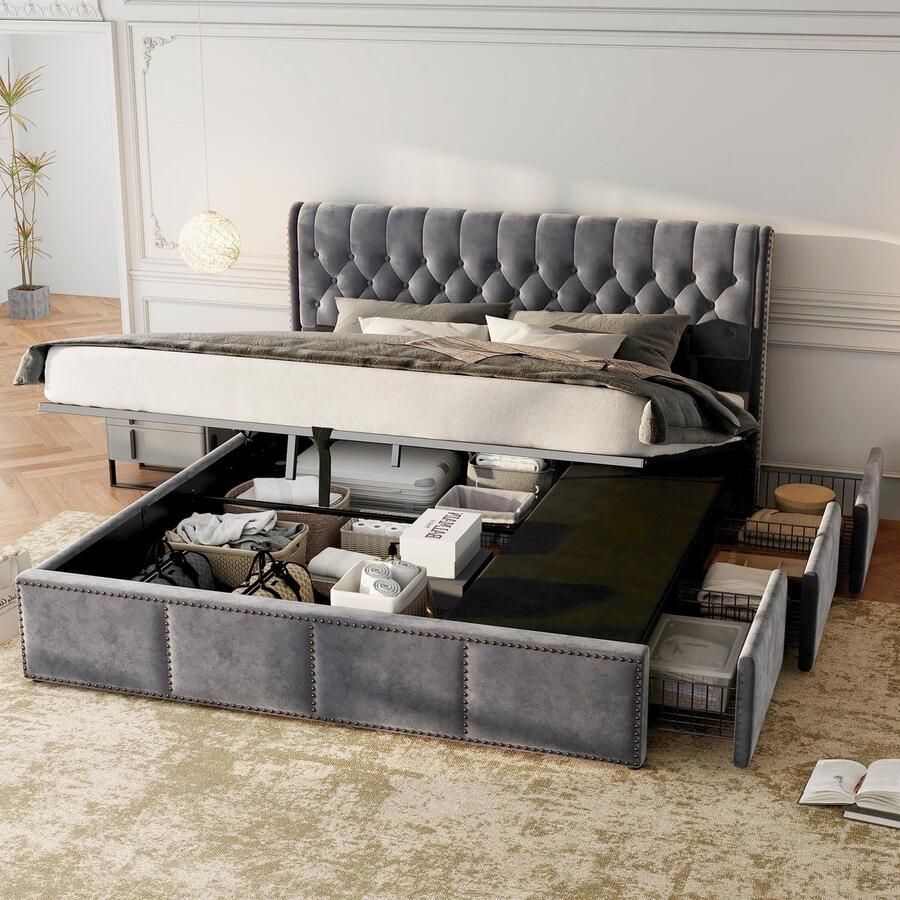 Sweiko Tweepersoons gestoffeerd bed 160x200 cm 3 laden hydraulische opbergruimte zonder matras Velvet grijs