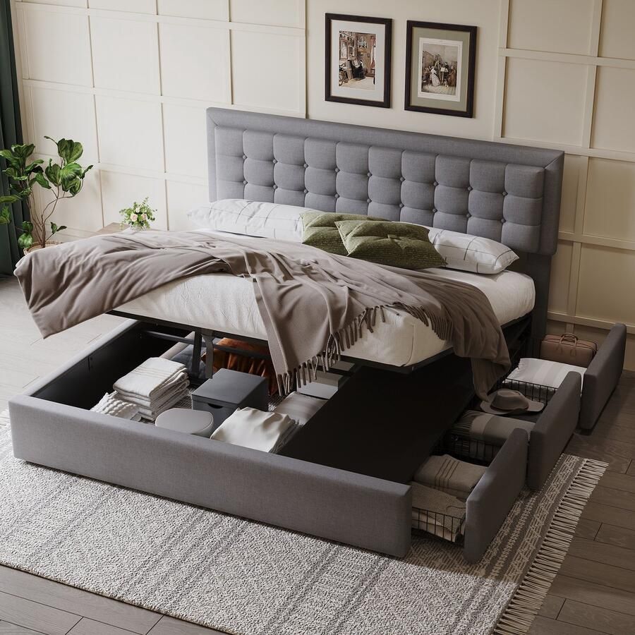 Sweiko Tweepersoons gestoffeerd bed 180x200 cm 3 laden hydraulische opbergruimte zonder matras linnen grijs