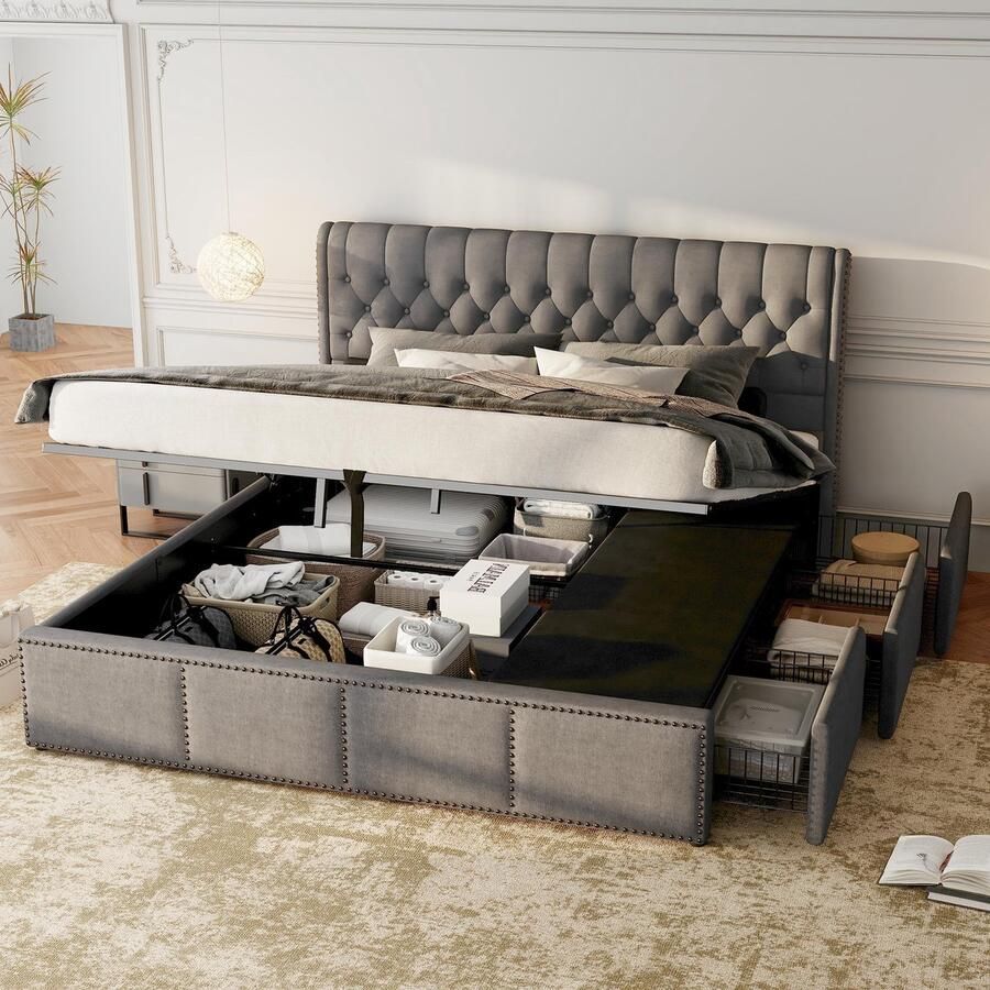 Sweiko Tweepersoons gestoffeerd bed 160x200 cm 3 laden hydraulische opbergruimte zonder matras linnen grijs