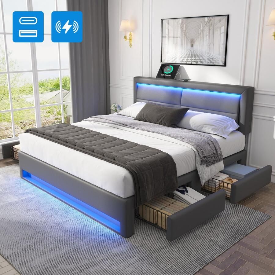 Sweiko Tweepersoonsbed 140 x 190 cm USB-poort LED-verlichting 4 lades Zonder matras Grijs
