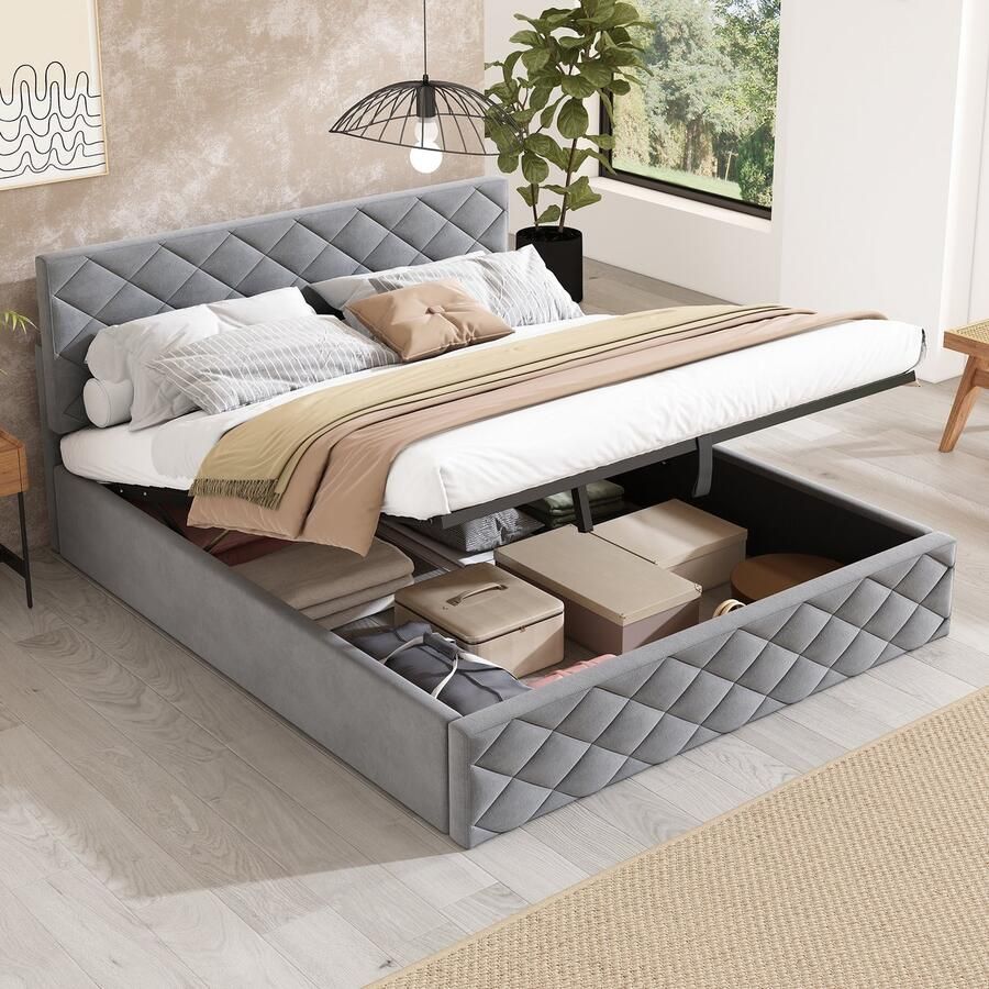 Sweiko Gestoffeerd bed Hydraulisch functioneel bed met lattenbod en opslag 140*200cm Eenvoudig en elegant Grijs