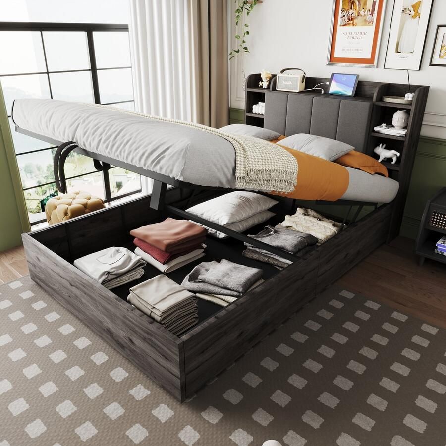 Sweiko Tweepersoonsbed 140 x 200 cm Hydraulische opbergruimte USB Type-C Houten bedframe Grijs