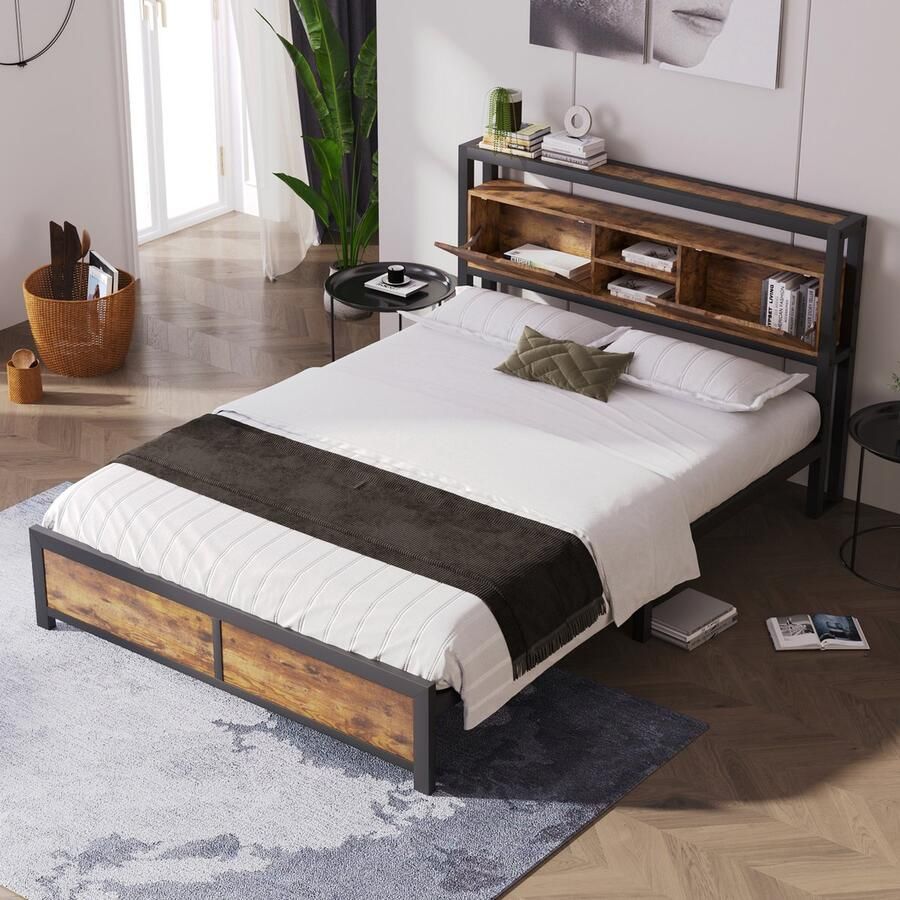 Sweiko Tweepersoonsbed 140 x 200 cm met opbergruimte aan het hoofdeinde en metalen lattenbodem metalen bedframe bruin