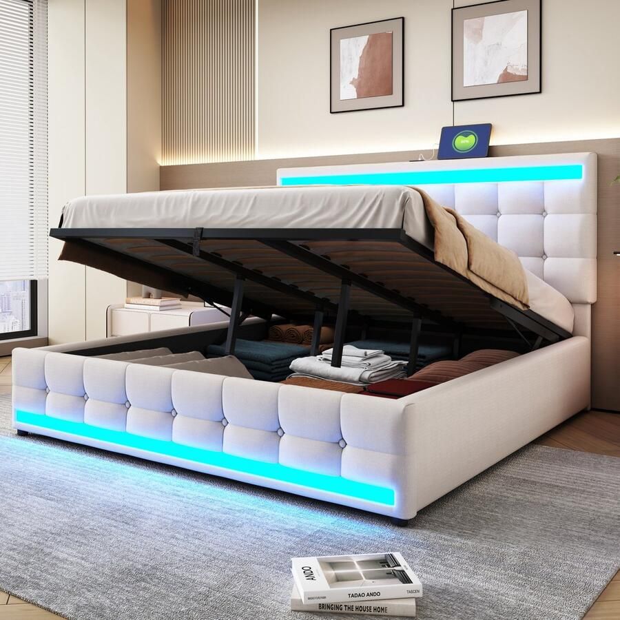 Sweiko Tweepersoonsbed 140 x 200 cm Opbergruimte USB-aansluiting LED-lichtstrip Linnen Beige