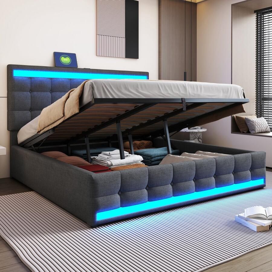 Sweiko Tweepersoonsbed 140 x 200 cm Opbergruimte USB-aansluiting LED-lichtstrip Linnen Grijs