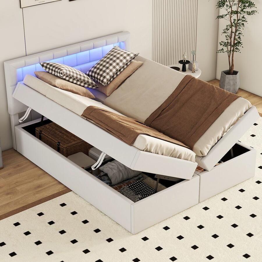 Sweiko Tweepersoonsbed 140*200 cm LED-verlichting met Afstandsbediening Beide zijden van het bed kunnen worden geopend Grote opbergruimte Beige