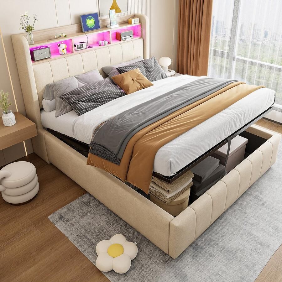 Sweiko Tweepersoonsbed 140*200 cm LED-verlichting + USB-aansluiting Opbergruimte Zonder matras Beige