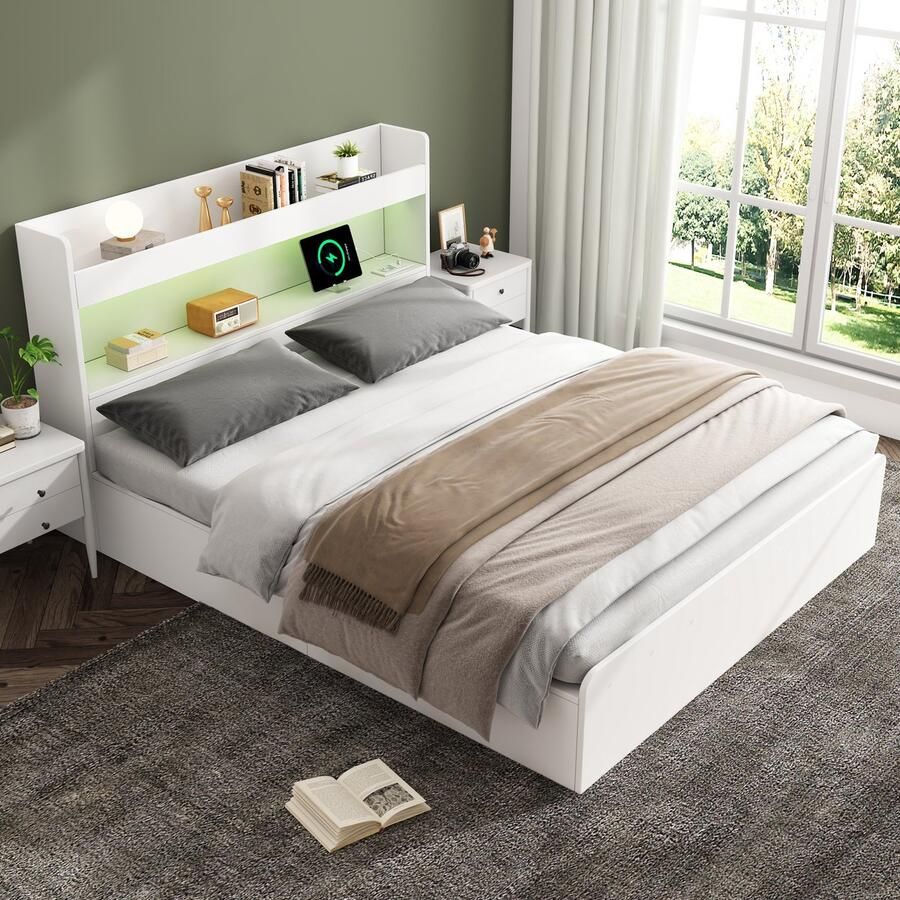 Sweiko Tweepersoonsbed 140*200 cm Massief houten bed met USB-poort + LED-verlichting met laden + opbergruimte zonder matras Wit