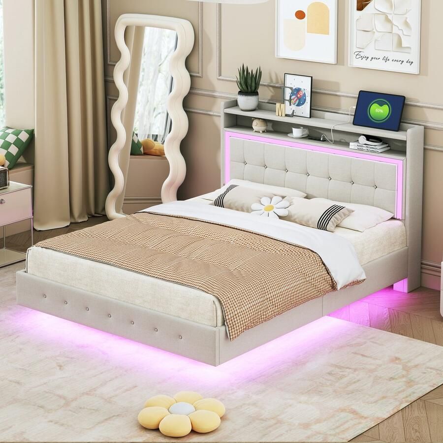 Sweiko Tweepersoonsbed 140×200 cm USB-aansluiting LED-verlichting Zwevend bed Linnen Beige