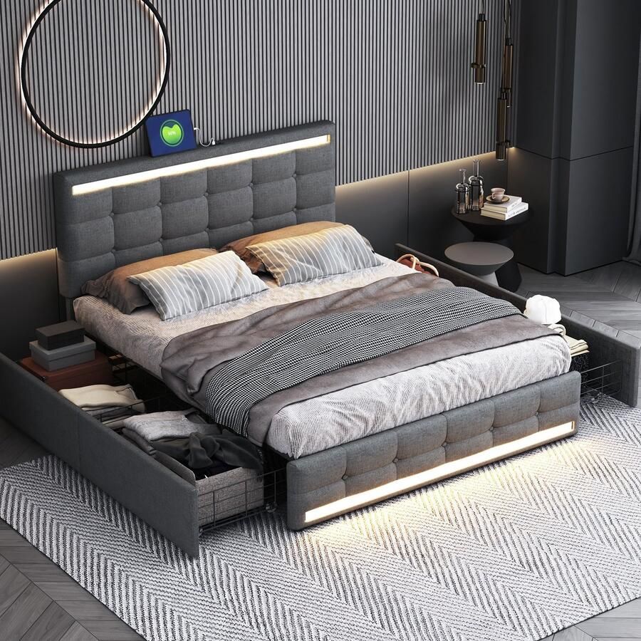 Sweiko Tweepersoonsbed 140*200cm LED-verlichting 4 laden + 2 USB-poorten Linnen stof Grijs