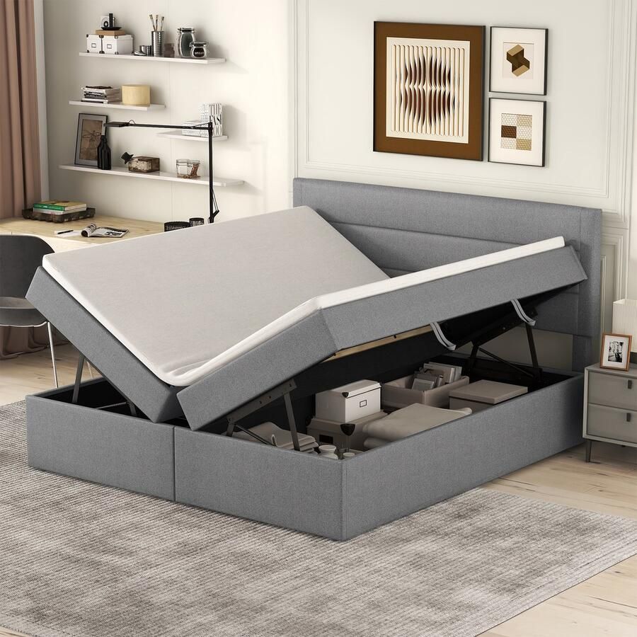Sweiko Gestoffeerd bed Tweepersoonsbed met metalen frame lattenboden Grote opbergruimte Aan beide zijden open Grijs 140*200cm