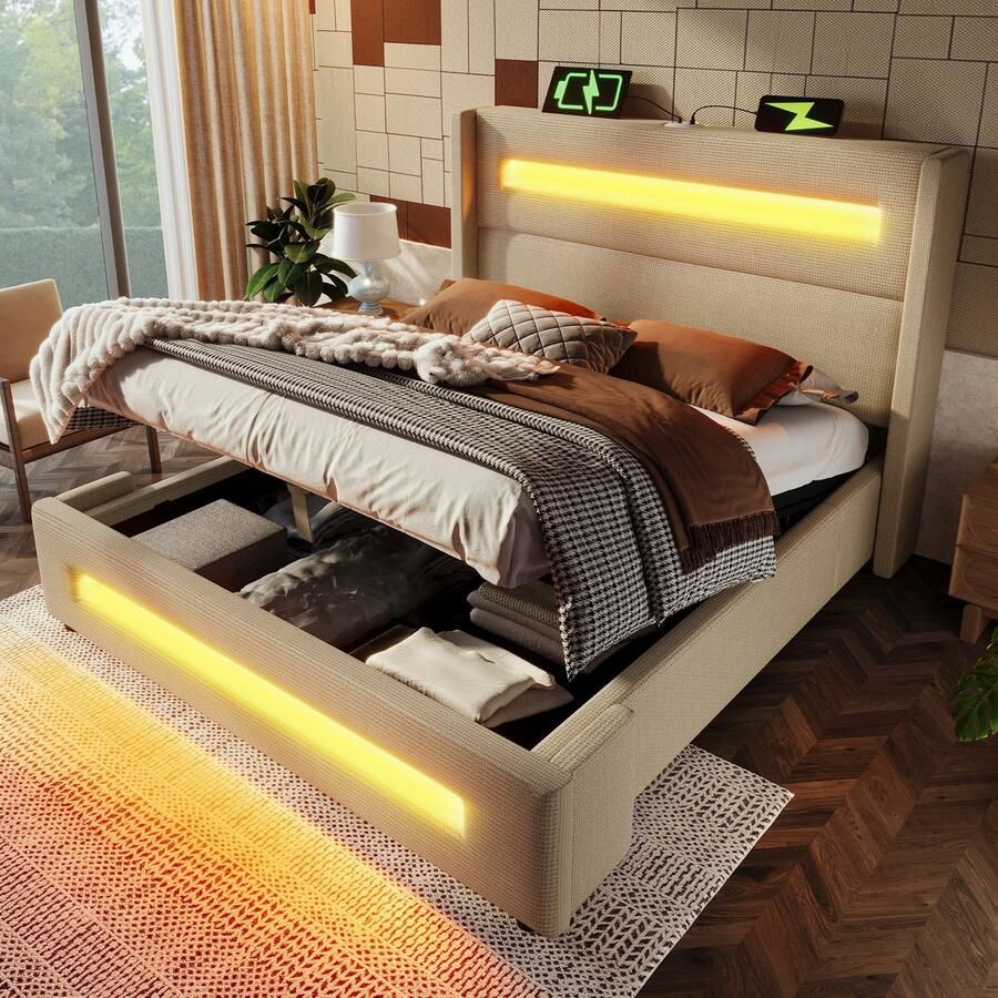 Sweiko Tweepersoonsbed 140x200 cm LED verlichting Opbergruimte Oplaadfunctie Linnen Beige