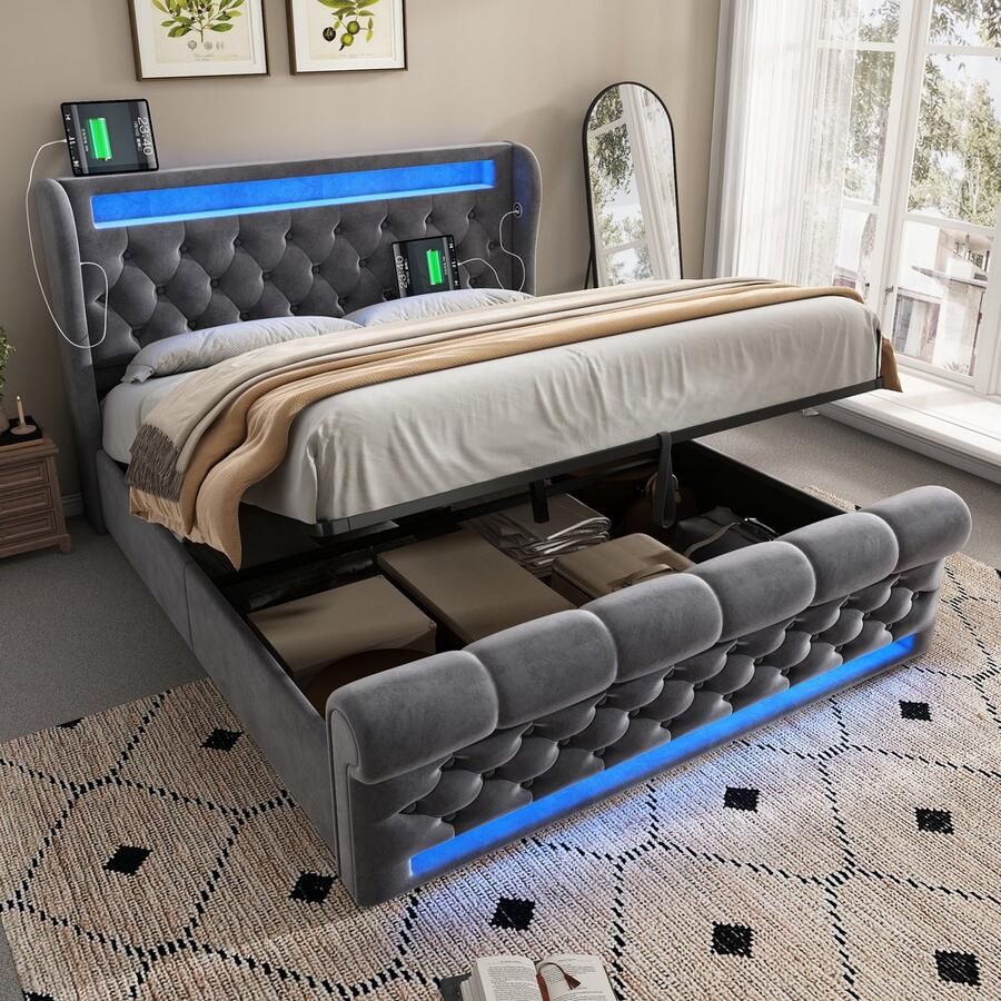 Sweiko Tweepersoonsbed 160x200 cm LED-verlichting USB Type-C Opbergruimte Velvet Grijs