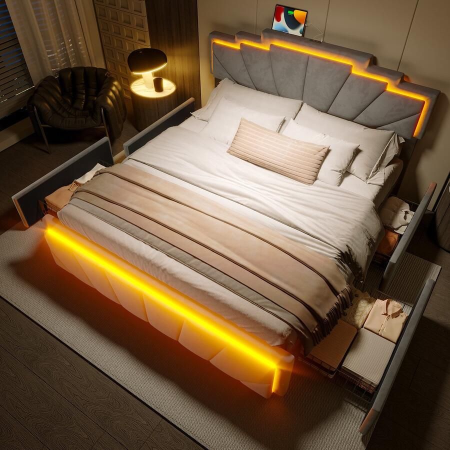 Sweiko Tweepersoonsbed 140x200 cm LED-verlichtings Verstelbaar hoofdeinde USB Type-C 4 lades Grijs