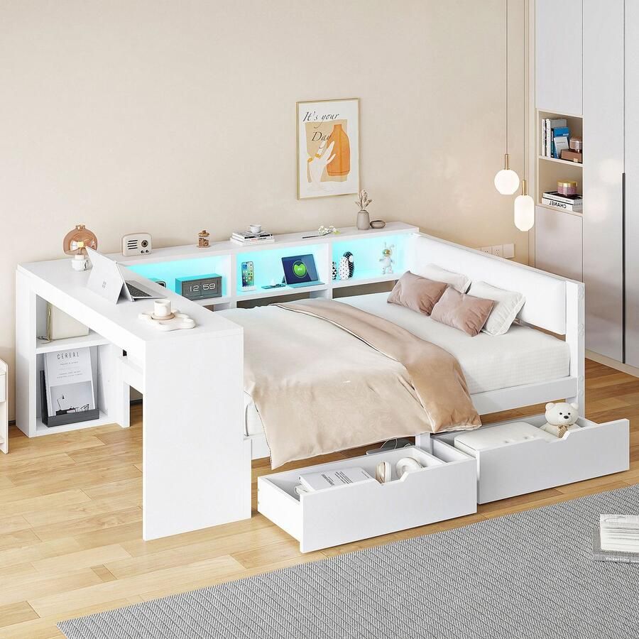 Sweiko Tweepersoonsbed 140x200 cm met Bureau 2 lades LED-verlichting Oplaadfunctie Wit