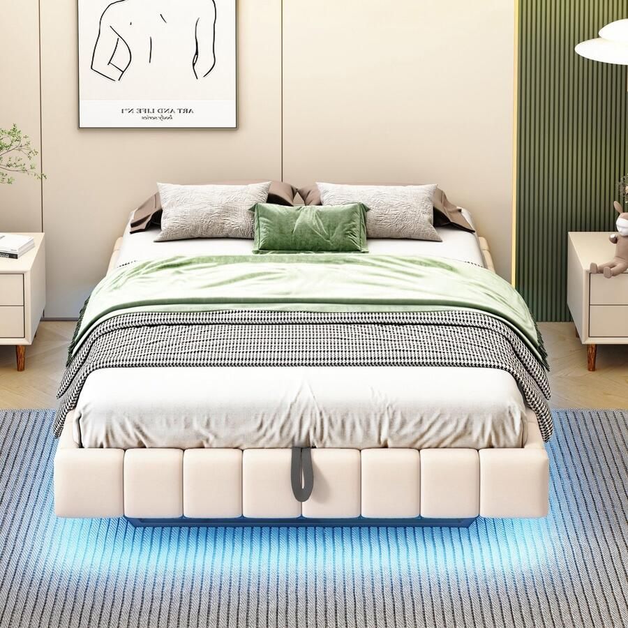 Sweiko Tweepersoonsbed 140x200 cm Met opbergruimte Hydraulisch zwevend bedframe LED verlichting Zonder hoofdbord Linnen Beige - Foto 2