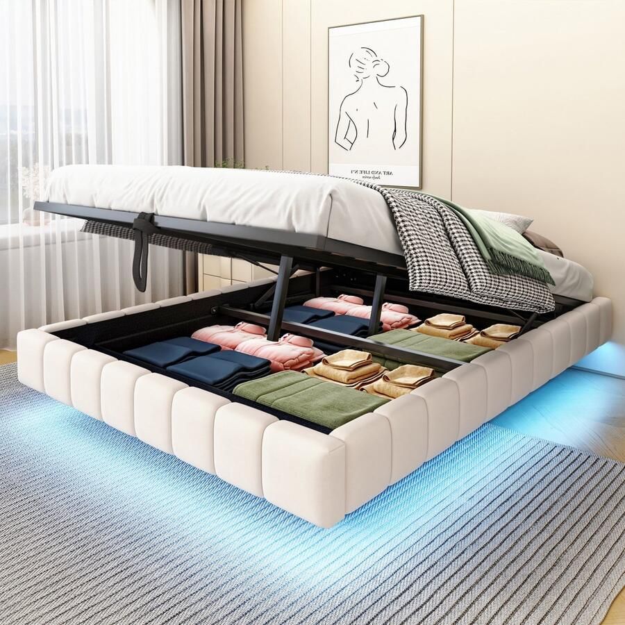 Sweiko Tweepersoonsbed 140x200 cm Met opbergruimte Hydraulisch zwevend bedframe LED verlichting Zonder hoofdbord Linnen Beige