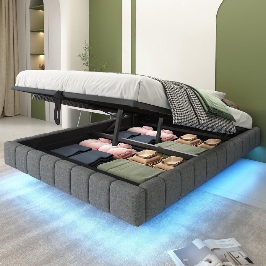 Sweiko Tweepersoonsbed 140x200 cm Met opbergruimte Hydraulisch zwevend bedframe LED verlichting Zonder hoofdbord Linnen Grijs