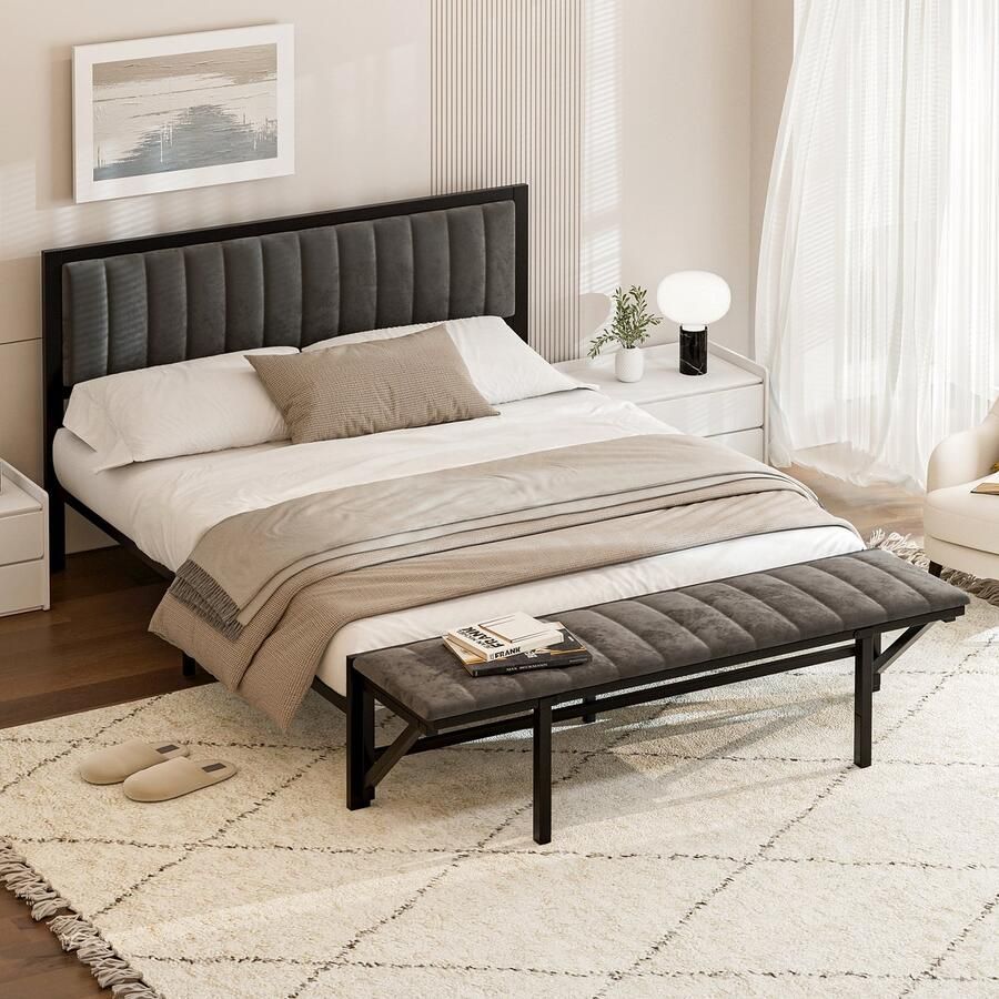 Sweiko Tweepersoonsbed 160x200 cm Ombouwbare eindbank Opbergruimte Fluweel Donkergrijs