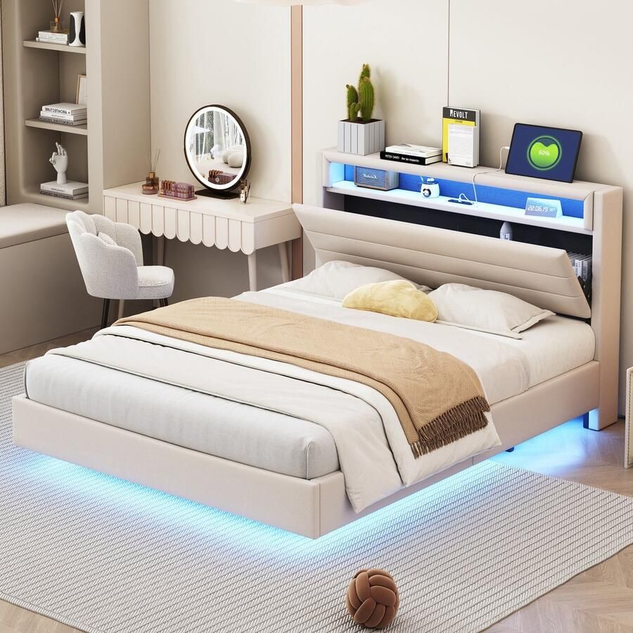 Sweiko Tweepersoonsbed 140x200 cm USB-poort LED-verlichting Linnen Zwevend bed Beige