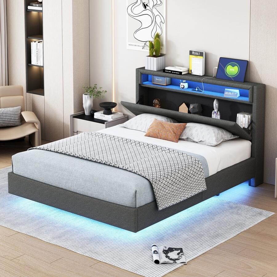 Sweiko Tweepersoonsbed 140x200 cm USB-poort LED-verlichting Linnen Zwevend bed Grijs