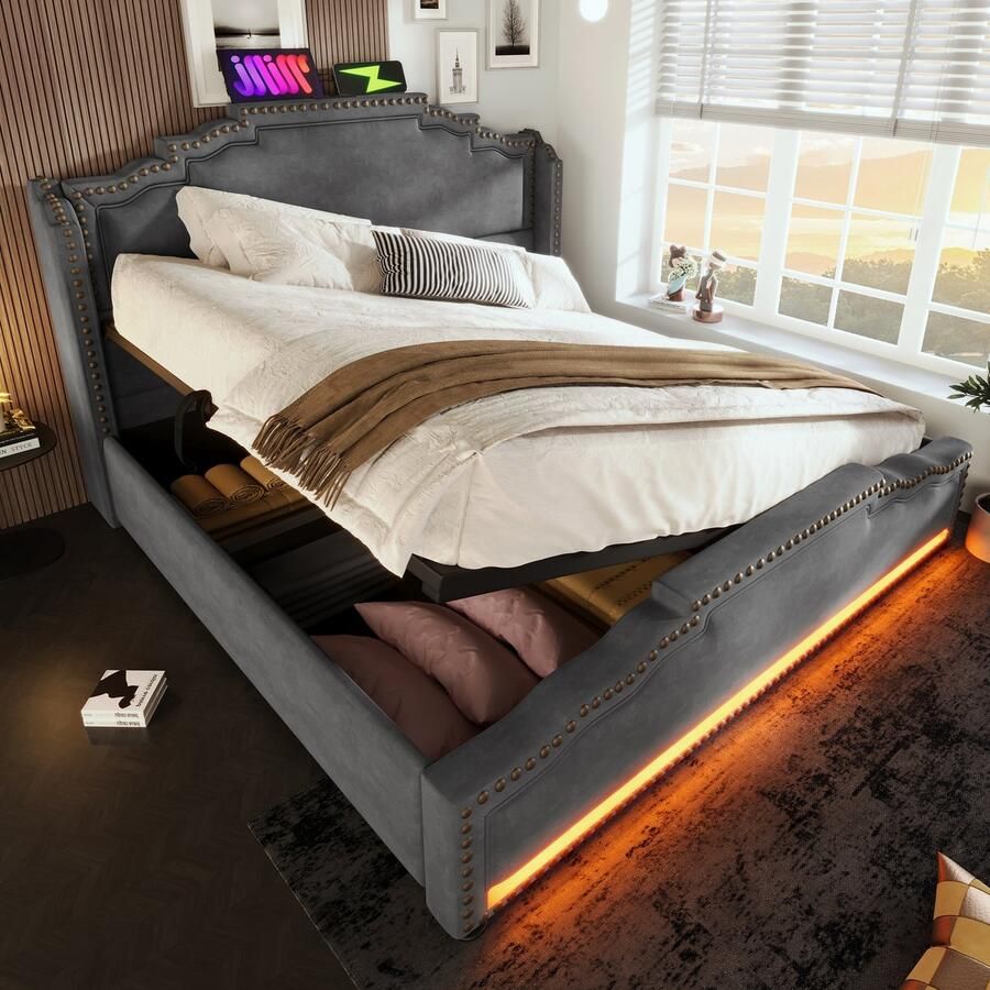 Sweiko Tweepersoonsbed 160x200cm LED-verlichting USB-C oplaadpoort Velvet Grijs