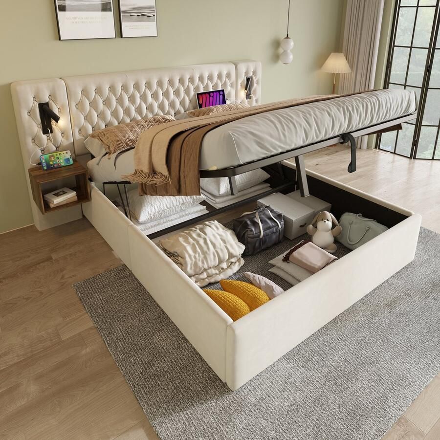 Sweiko Tweepersoonsbed 160 x 200 cm 2 nachtkastjes Leeslampje USB-oplaadfunctie Zonder matras Fluweel Beige - Foto 2