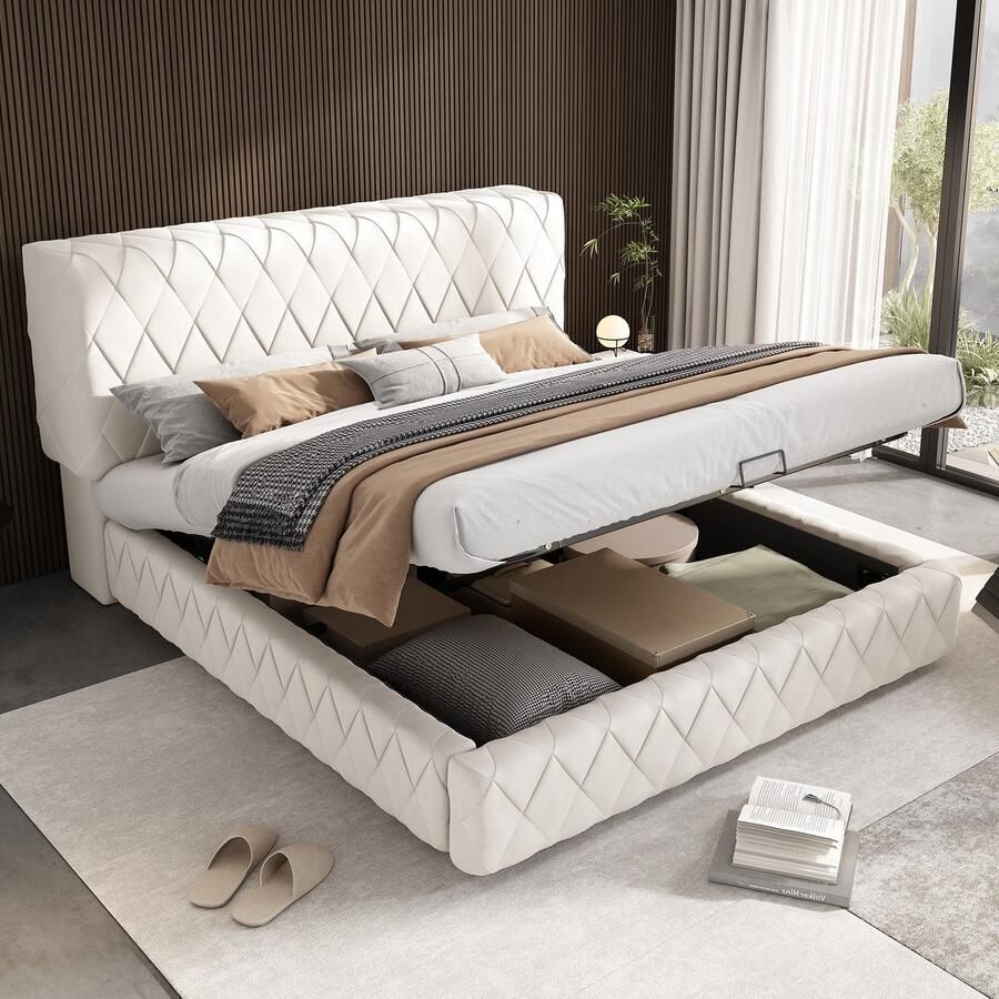 Sweiko Tweepersoonsbed 160 x 200 cm Hydraulisch bed met opbergruimte Lattenbodem Fluweel Beige