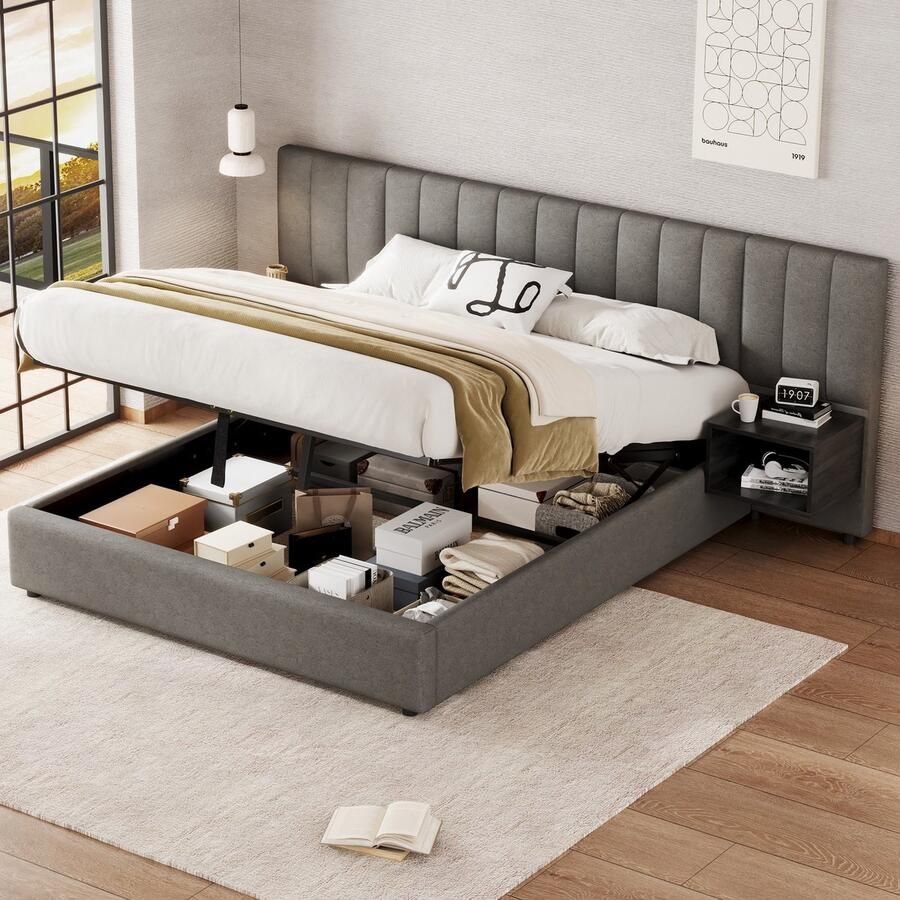 Sweiko Tweepersoonsbed 160 x 200 cm hydraulisch opbergbed 2 nachtkastjes houten lattenbodem linnen grijs