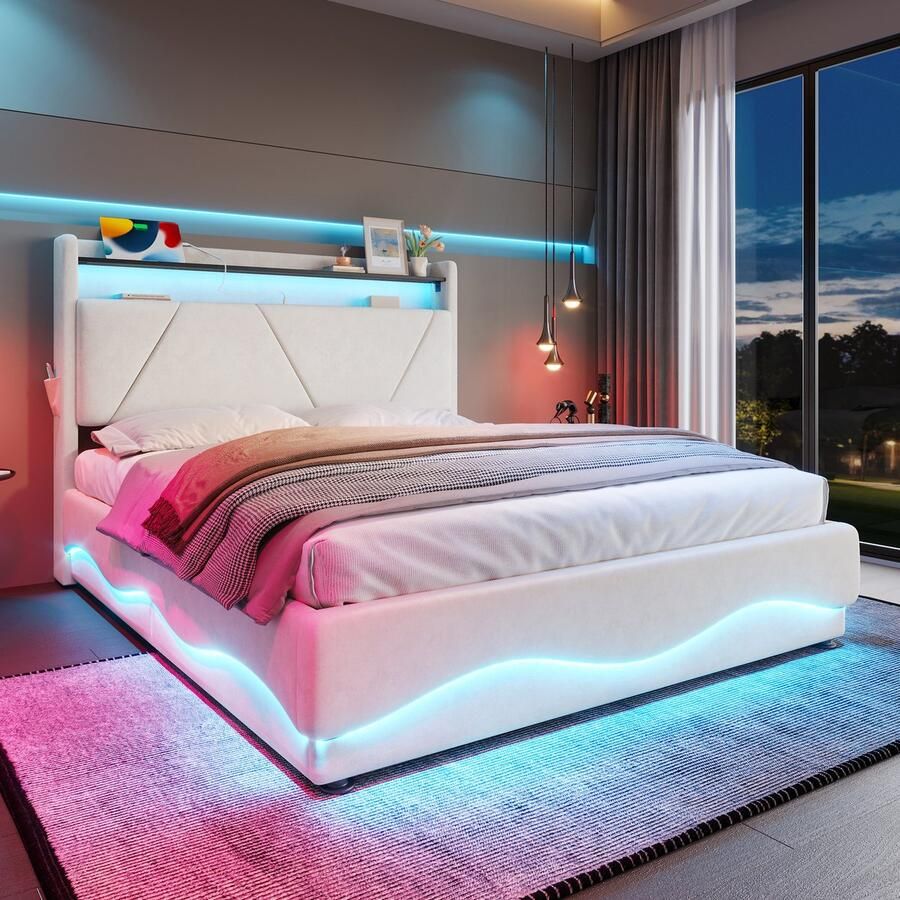 Sweiko Tweepersoonsbed 160 x 200 cm LED-verlichting Opbergruimte USB Type C Beige