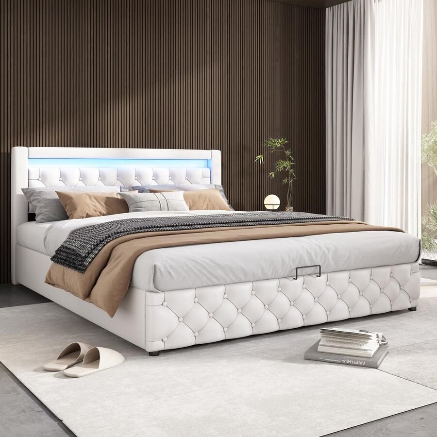 Sweiko Tweepersoonsbed 160 x 200 cm met Lattenbodem + Opbergruimte met Laden LED-strip PU-materiaal Wit