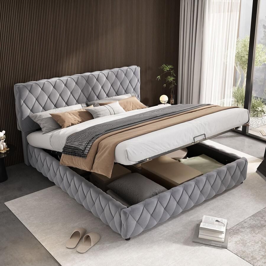 Sweiko Tweepersoonsbed 160 x 200 cm Opbergruimte Lattenbodem Fluweel Grijs