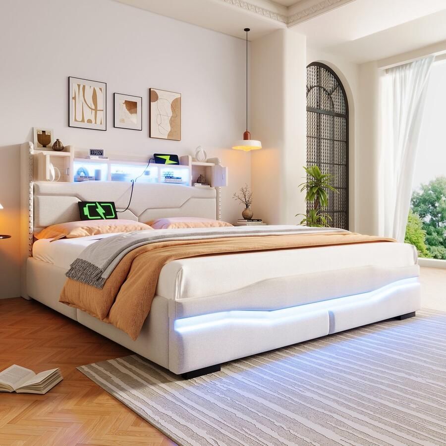 Sweiko Tweepersoonsbed 160 x 200 cm USB-aansluiting LED-verlichting Opbergruimte Beige