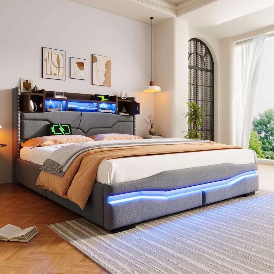 Sweiko Tweepersoonsbed 160 x 200 cm USB-aansluiting LED-verlichting Opbergruimte Grijs