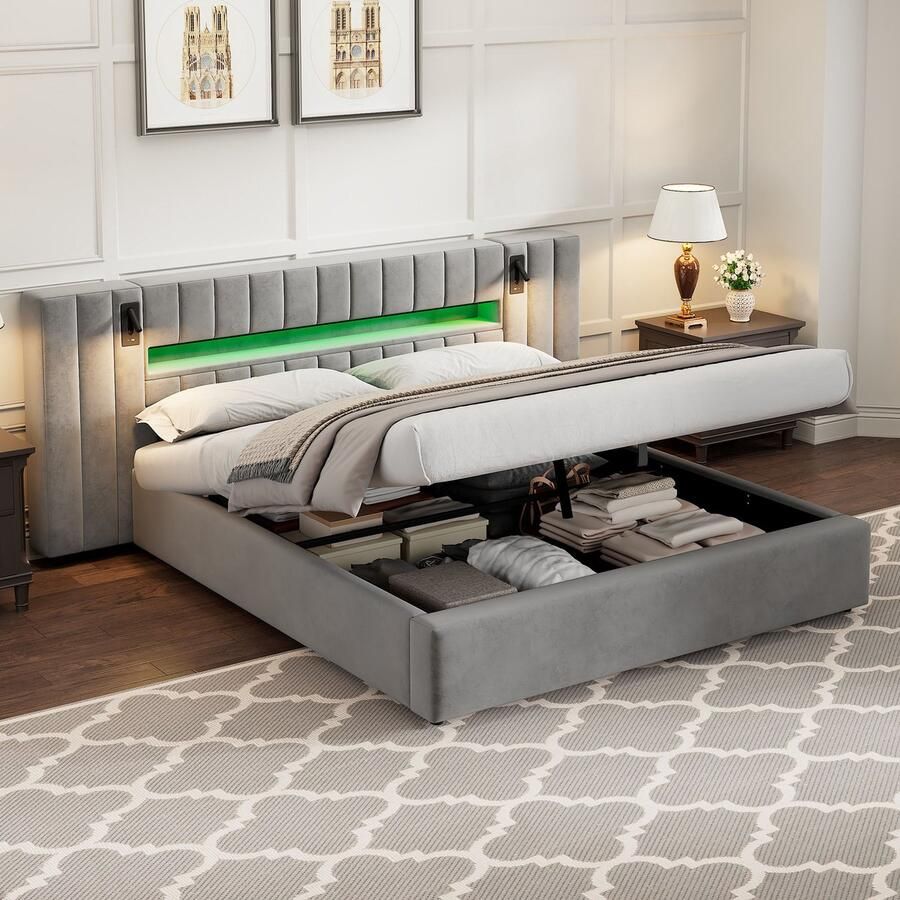Sweiko Tweepersoonsbed 180 x 200 cm USB-poort Opbergvak LED-verlichting Zonder matras Fluweel Grijs