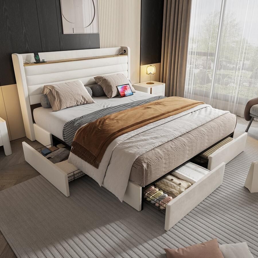 Sweiko Tweepersoonsbed 160 x 200 cm Velvet USB-aansluiting Opbergruimte 4 lades Beige