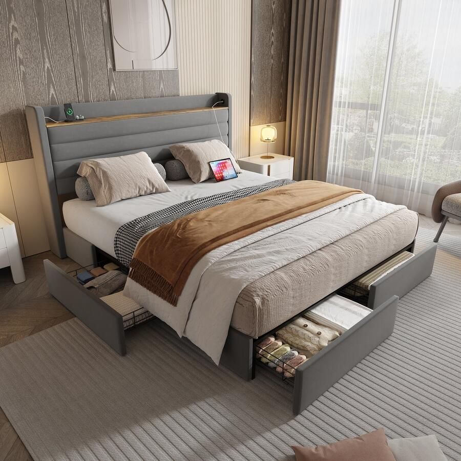 Sweiko Tweepersoonsbed 160 x 200 cm Velvet USB-aansluiting Opbergruimte 4 lades Grijs