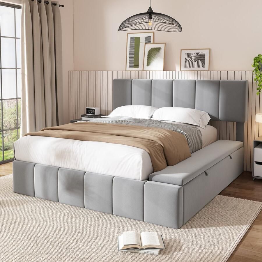 Sweiko Tweepersoonsbed 160*200 cm Fluweel Met opbergruimte Hydraulisch bed Lattenbodem Grijs