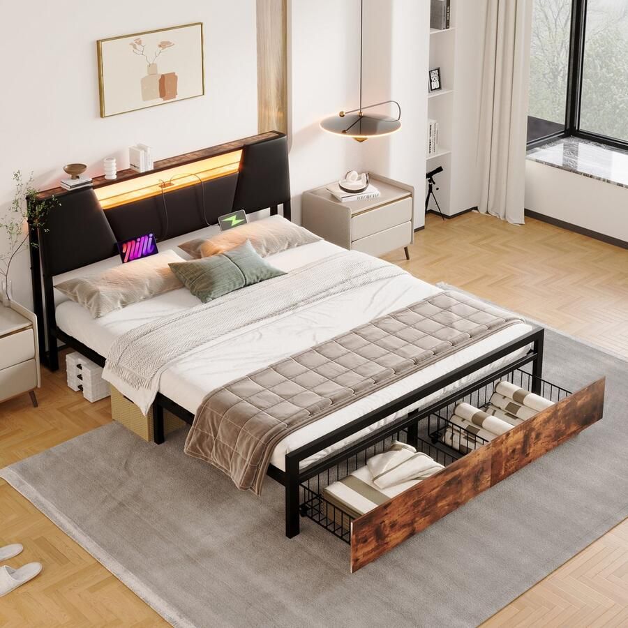 Sweiko Tweepersoonsbed 160*200 cm Ijzeren bed met LED van kleur veranderend sfeerlicht Afstandsbediening met 24 Toetsen en USB-aansluiting Zwart + Bruin