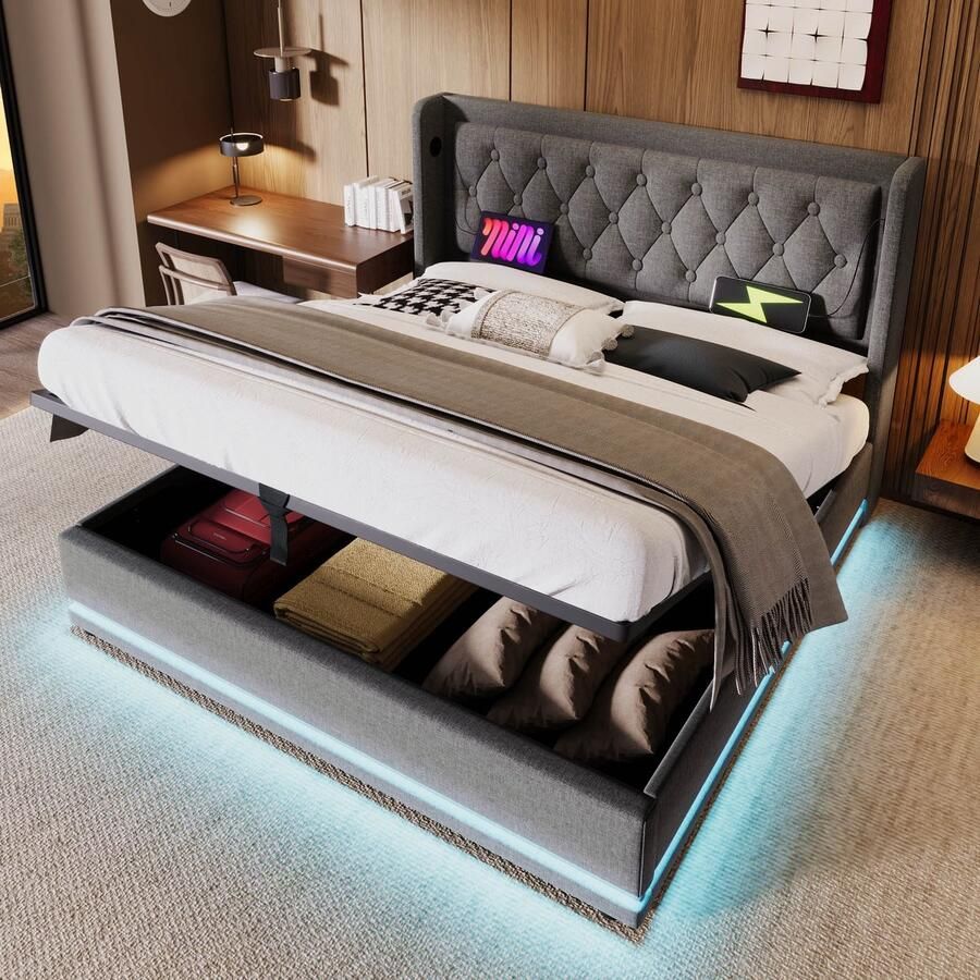 Sweiko Tweepersoonsbed 140*200 cm LED-verlichting Hydraulische opbergruimte USB Type-C oplaadfunctie Zonder matras Grijs