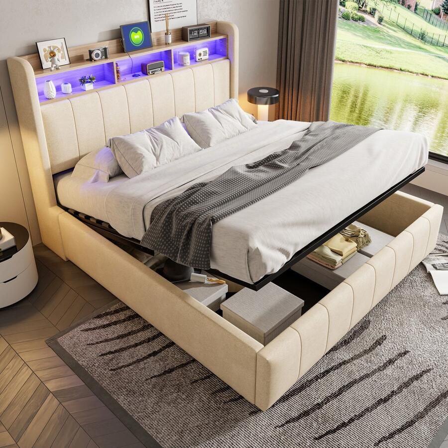 Sweiko Tweepersoonsbed 160*200 cm LED-verlichting + USB-aansluiting Opbergruimte Zonder matras Beige