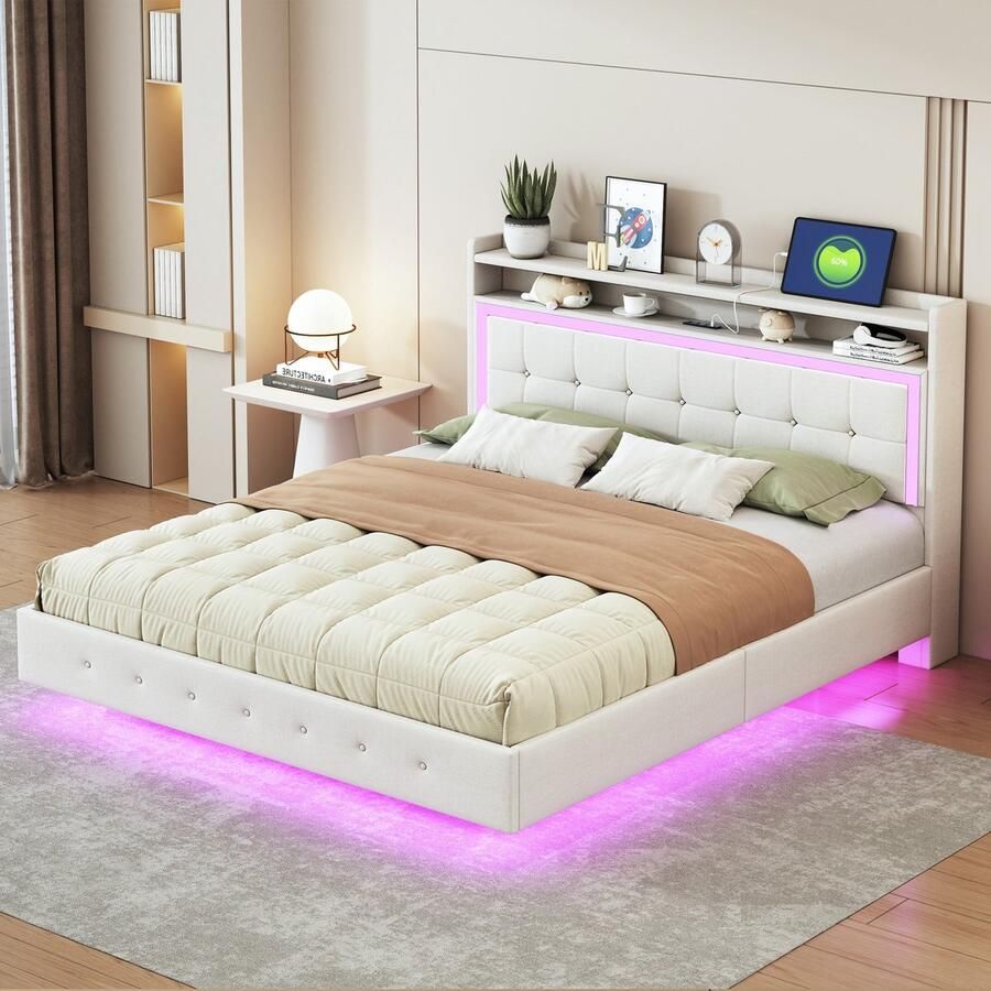 Sweiko Tweepersoonsbed 160×200 cm USB-aansluiting LED-verlichting Zwevend bed Linnen Beige