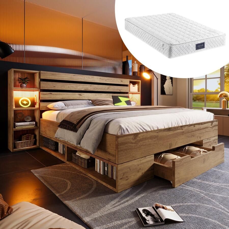 Sweiko Tweepersoonsbed 160×200cm LED-verlichting USB C-poort Houten lattenbodem Met matras Bruin