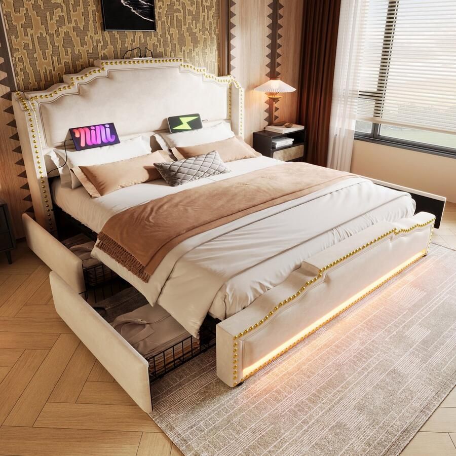Sweiko Tweepersoonsbed 160×200cm met 4 laden LED-verlichting USB-C oplaadpoort Velvet Beige