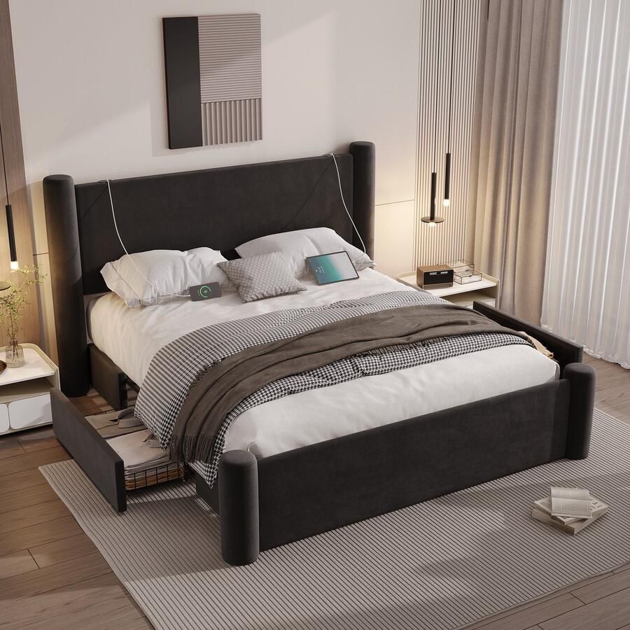 Sweiko Tweepersoonsbed 160x200 cm Dik gewatteerd hoofdbord 2 laden + USB-poort Zwart